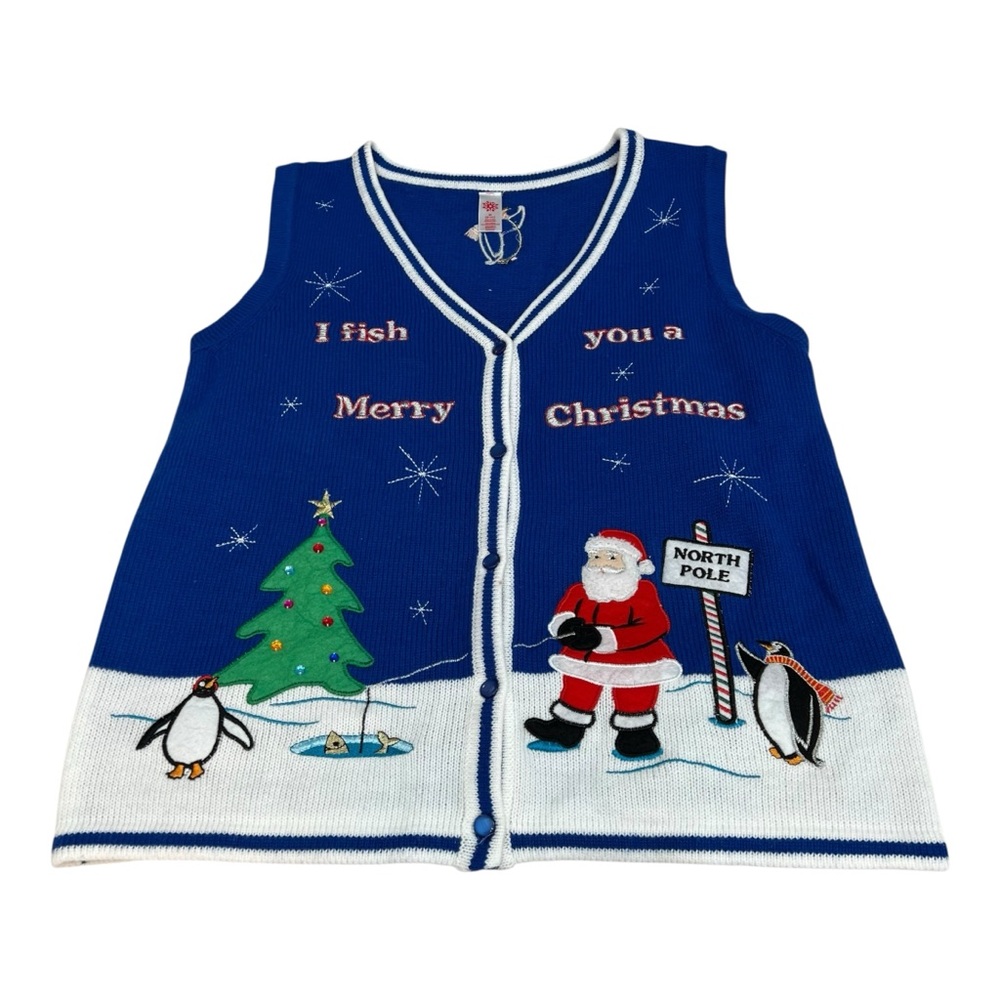 Ugly  Christmas Sweater Vest with Santa Clause Fishing and Penguins size Medium